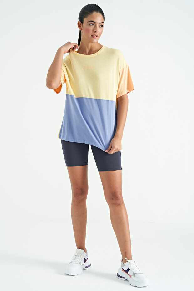 Sarı Çok Renkli O Yaka Oversize Kadın Basic T-Shirt - 02309