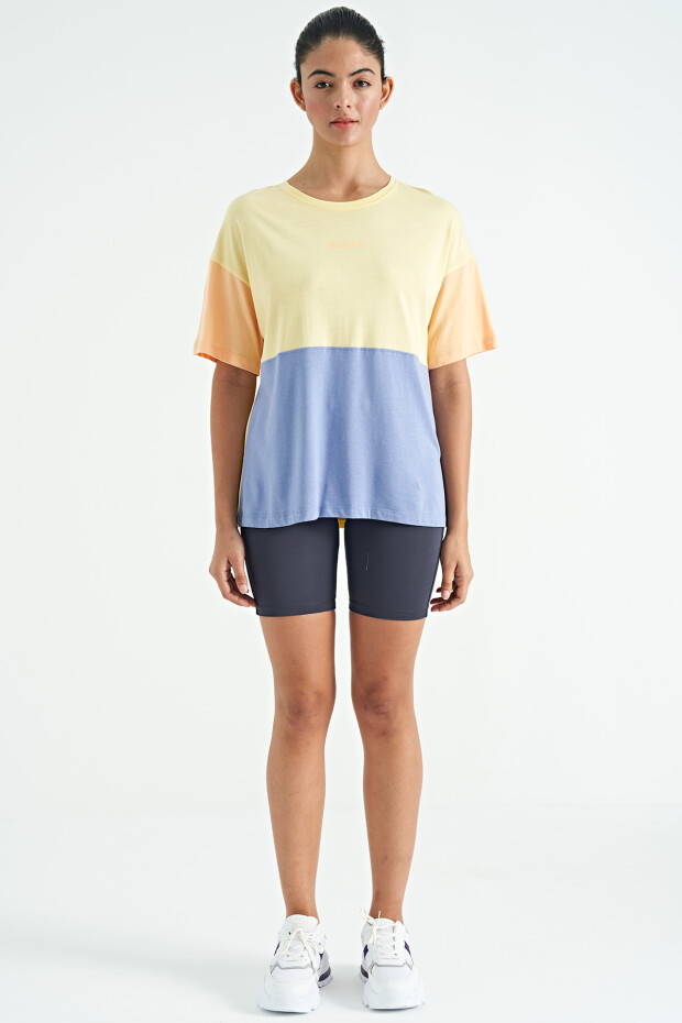 Sarı Çok Renkli O Yaka Oversize Kadın Basic T-Shirt - 02309