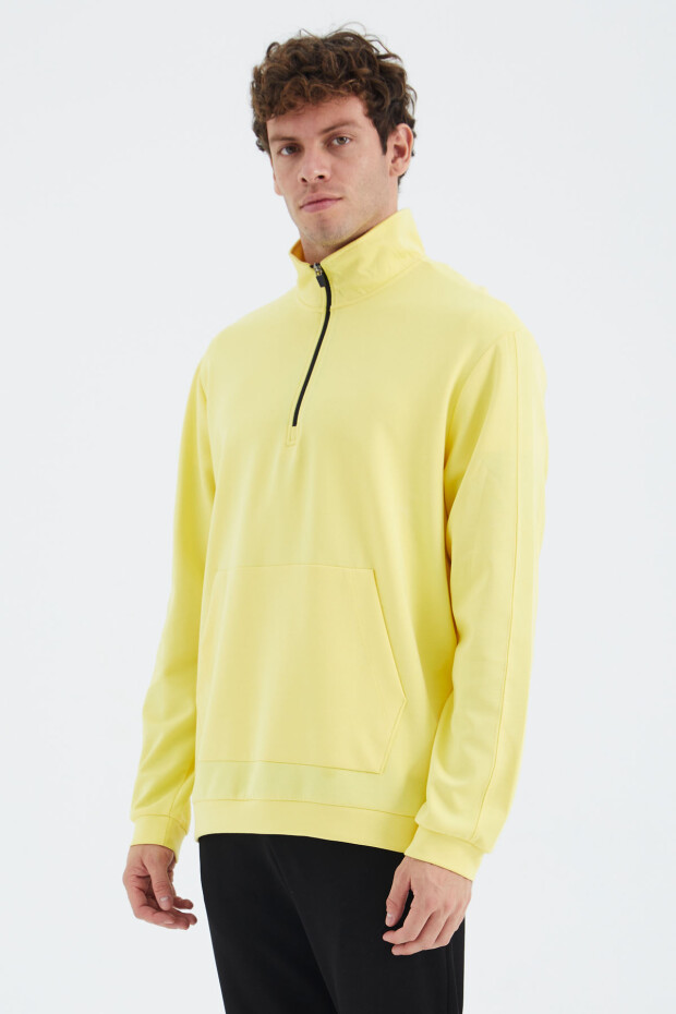 Sarı Dik Yaka Yarım Fermuarlı Cep Detaylı Erkek Sweatshirt - 88278
