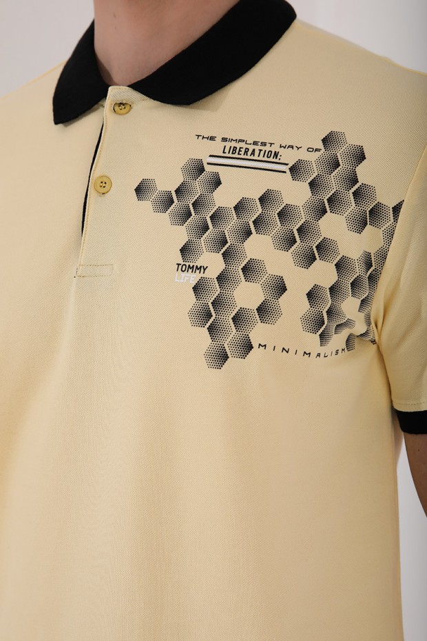 Sarı Altıgen Desen Baskılı Standart Kalıp Polo Yaka Erkek T-Shirt - 87928