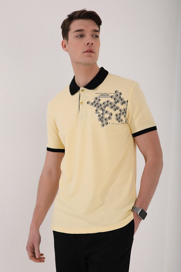 Sarı Altıgen Desen Baskılı Standart Kalıp Polo Yaka Erkek T-Shirt - 87928