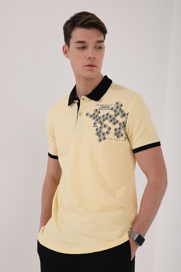 Sarı Altıgen Desen Baskılı Standart Kalıp Polo Yaka Erkek T-Shirt - 87928