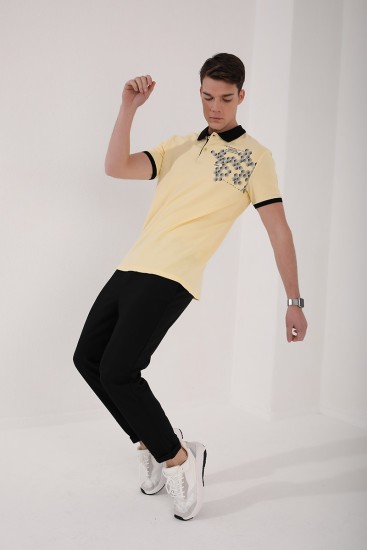Sarı Altıgen Desen Baskılı Standart Kalıp Polo Yaka Erkek T-Shirt - 87928 - Thumbnail