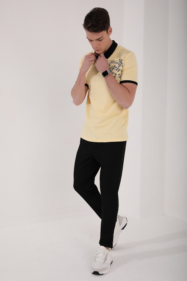 Sarı Altıgen Desen Baskılı Standart Kalıp Polo Yaka Erkek T-Shirt - 87928