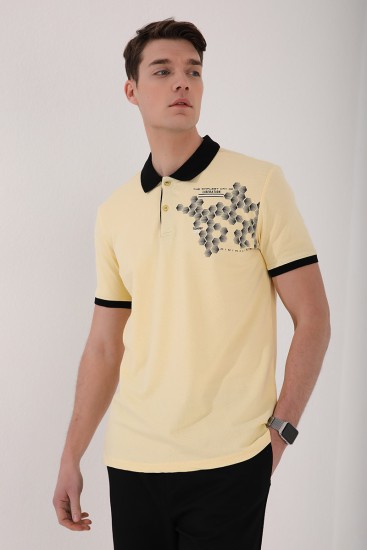 Sarı Altıgen Desen Baskılı Standart Kalıp Polo Yaka Erkek T-Shirt - 87928 - Thumbnail