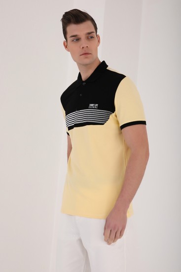 Sarı Çift Renk Göğüs Baskılı Standart Kalıp Triko Polo Yaka Erkek T-Shirt - 87939 - Thumbnail