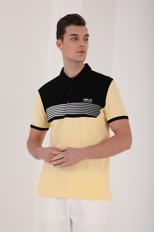 Sarı Çift Renk Göğüs Baskılı Standart Kalıp Triko Polo Yaka Erkek T-Shirt - 87939
