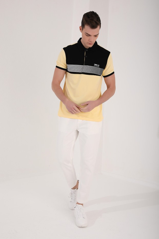Sarı Çift Renk Göğüs Baskılı Standart Kalıp Triko Polo Yaka Erkek T-Shirt - 87939