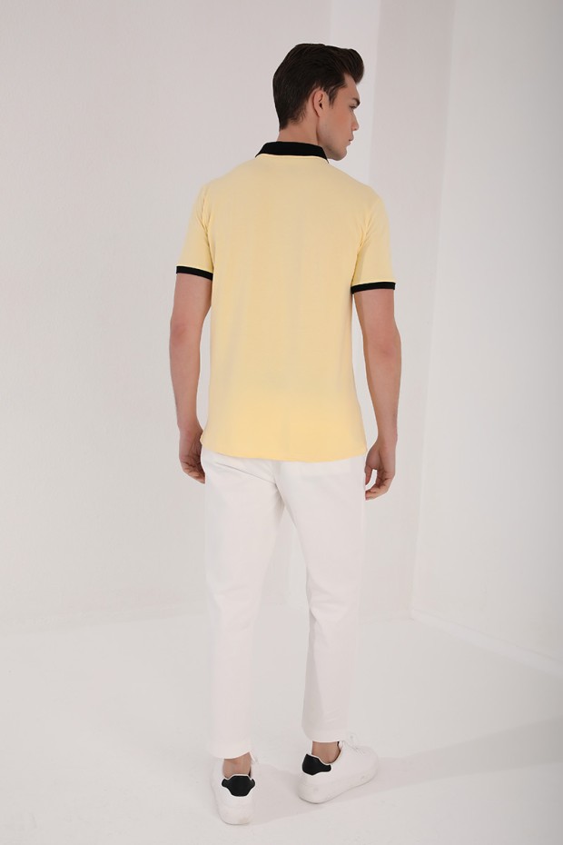Sarı Çift Renk Göğüs Baskılı Standart Kalıp Triko Polo Yaka Erkek T-Shirt - 87939