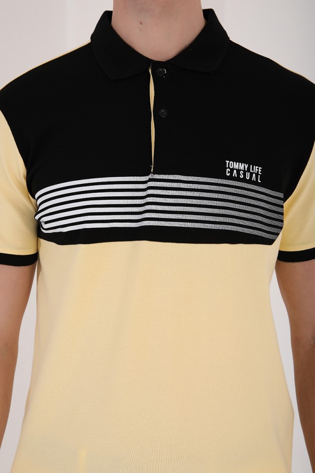 Sarı Çift Renk Göğüs Baskılı Standart Kalıp Triko Polo Yaka Erkek T-Shirt - 87939