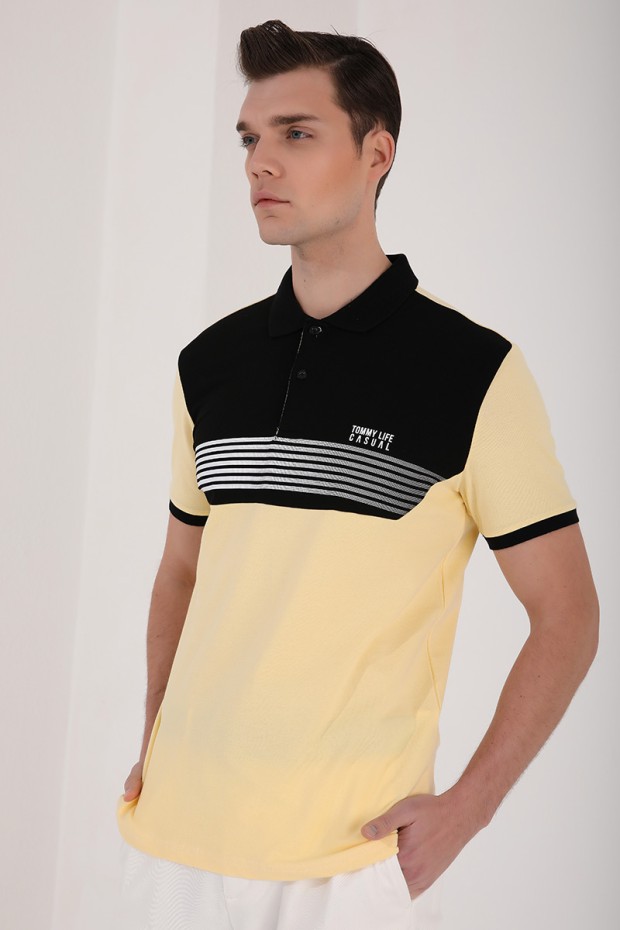 Sarı Çift Renk Göğüs Baskılı Standart Kalıp Triko Polo Yaka Erkek T-Shirt - 87939