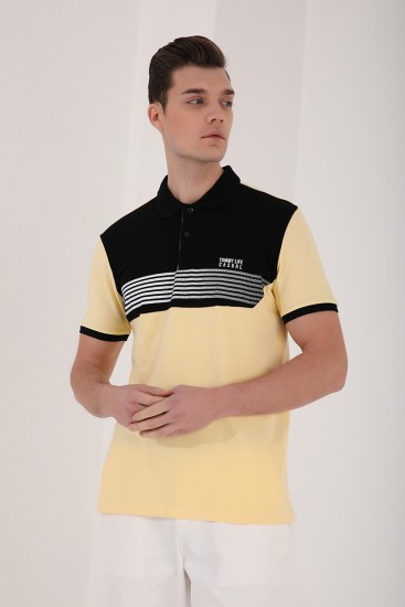 Sarı Çift Renk Göğüs Baskılı Standart Kalıp Triko Polo Yaka Erkek T-Shirt - 87939 - Thumbnail