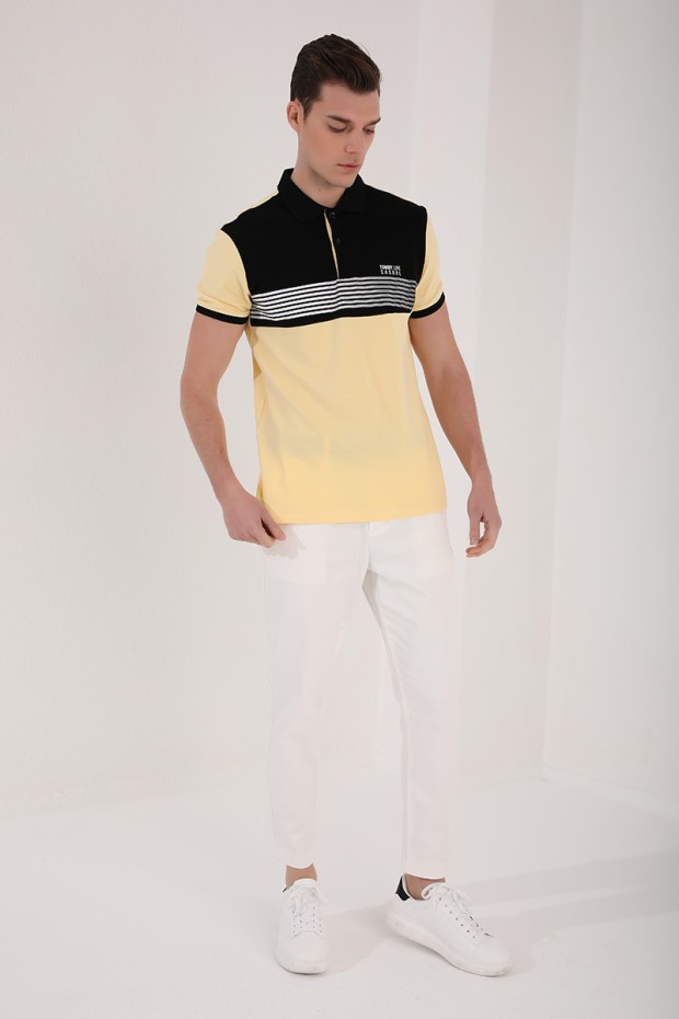 Sarı Çift Renk Göğüs Baskılı Standart Kalıp Triko Polo Yaka Erkek T-Shirt - 87939