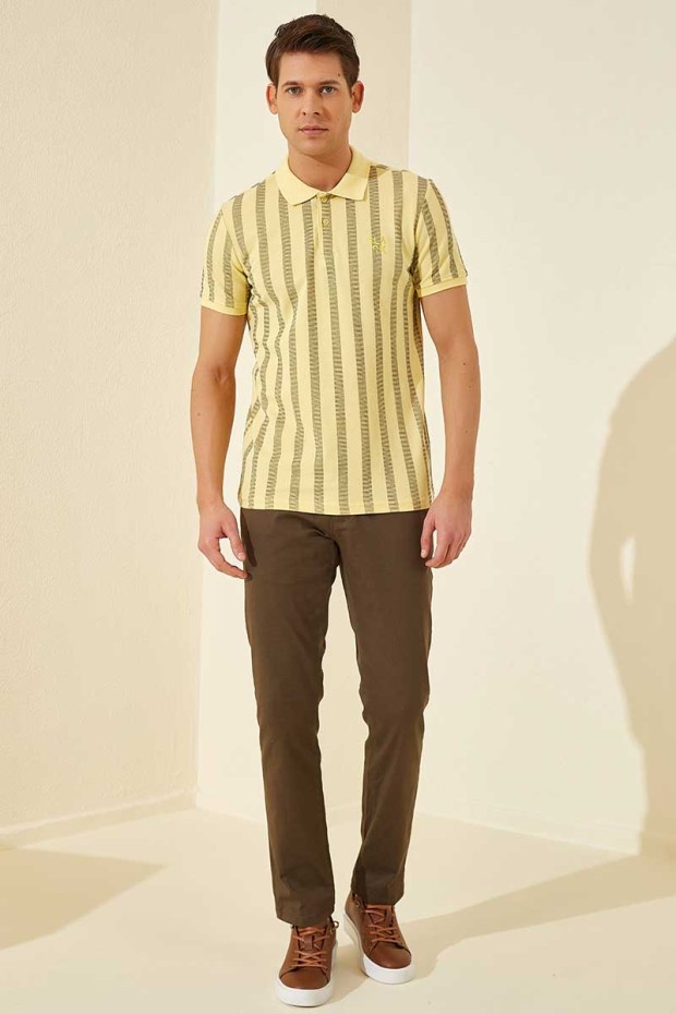 Sarı Desen Çizgili Standart Kalıp Polo Yaka Erkek T-Shirt - 87805