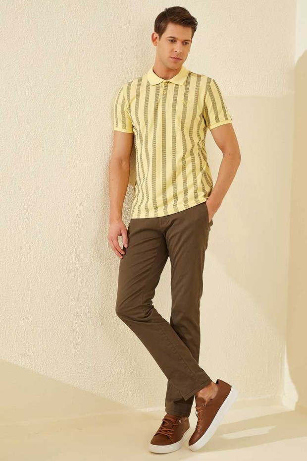 Sarı Desen Çizgili Standart Kalıp Polo Yaka Erkek T-Shirt - 87805
