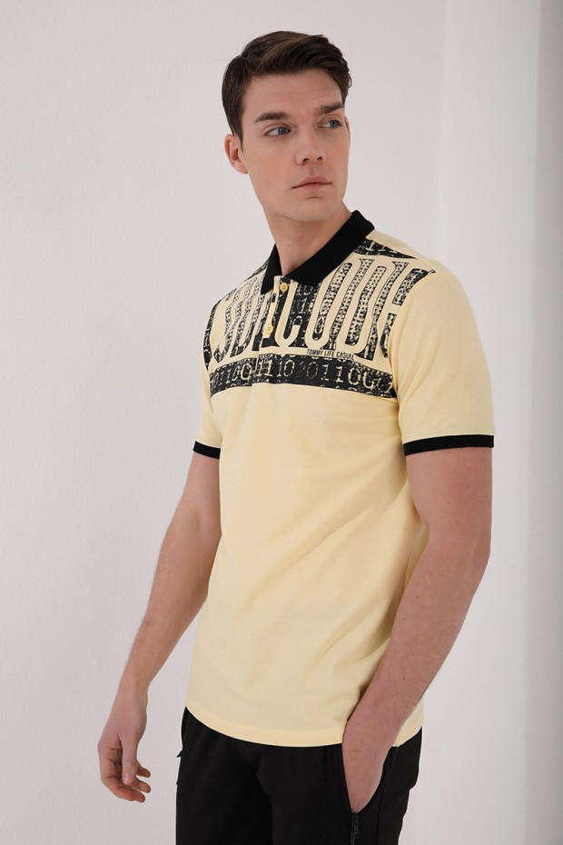Sarı Eskitme Yazı Baskılı Standart Kalıp Polo Yaka Erkek T-Shirt - 87929