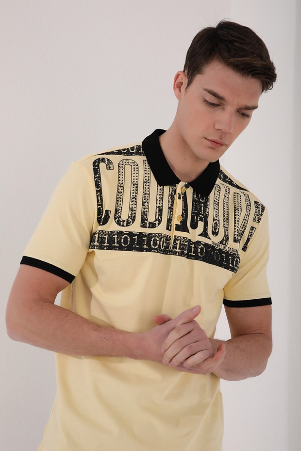 Sarı Eskitme Yazı Baskılı Standart Kalıp Polo Yaka Erkek T-Shirt - 87929