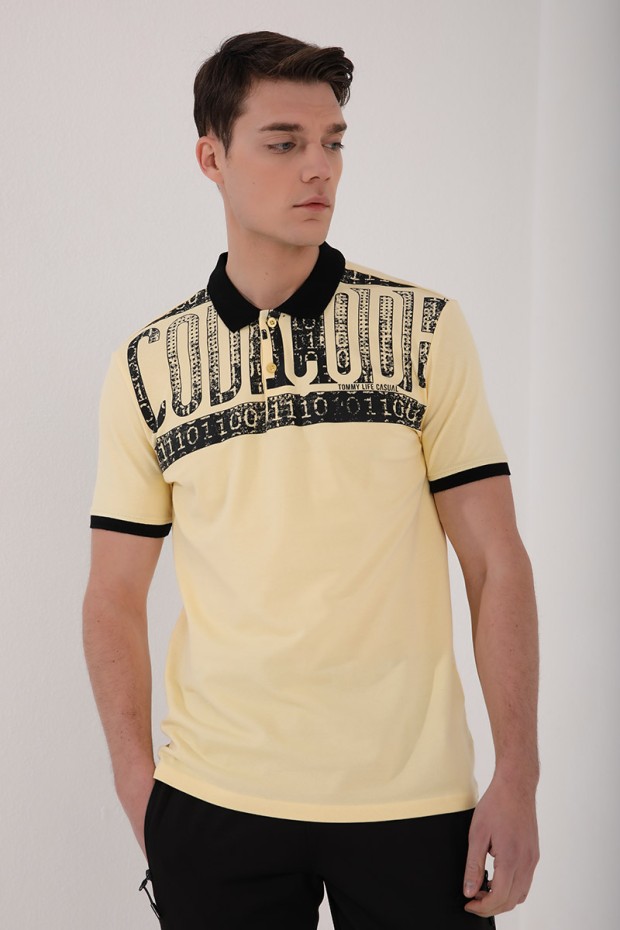 Sarı Eskitme Yazı Baskılı Standart Kalıp Polo Yaka Erkek T-Shirt - 87929