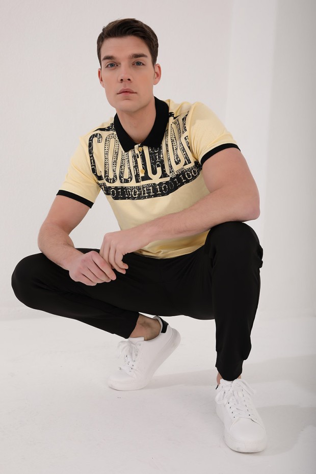 Sarı Eskitme Yazı Baskılı Standart Kalıp Polo Yaka Erkek T-Shirt - 87929