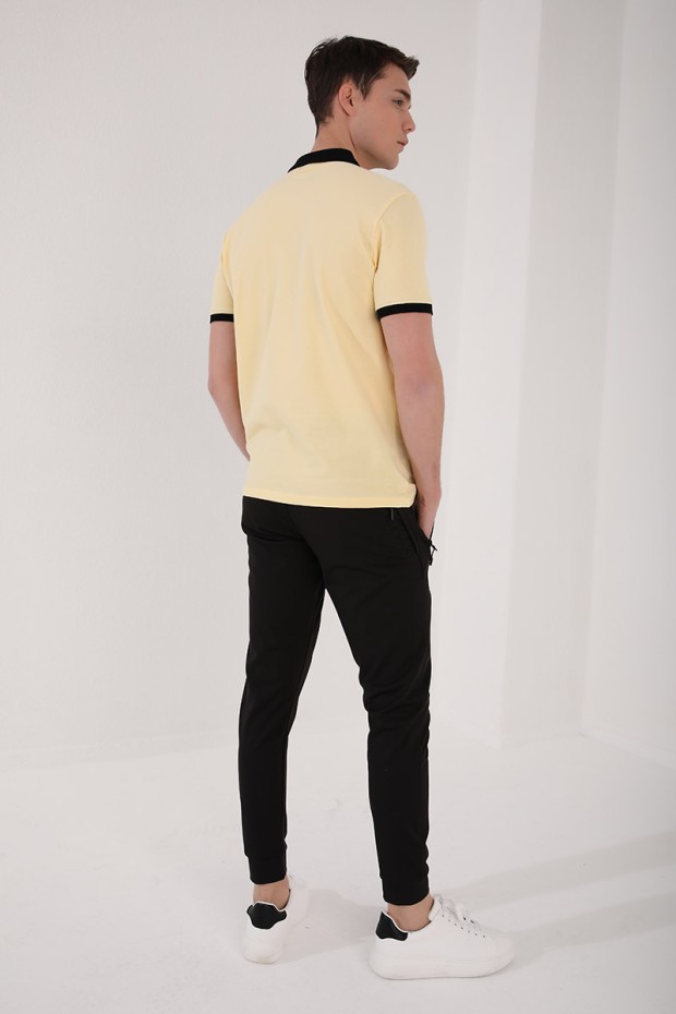 Sarı Eskitme Yazı Baskılı Standart Kalıp Polo Yaka Erkek T-Shirt - 87929
