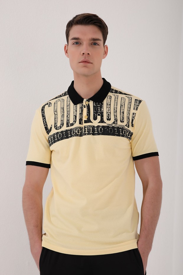 Sarı Eskitme Yazı Baskılı Standart Kalıp Polo Yaka Erkek T-Shirt - 87929