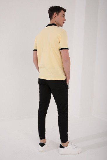 Sarı Eskitme Yazı Baskılı Standart Kalıp Polo Yaka Erkek T-Shirt - 87929 - Thumbnail