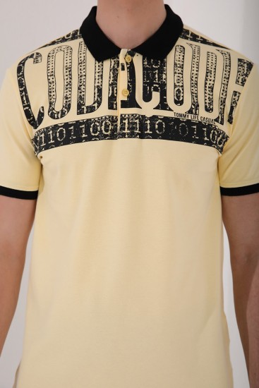 Sarı Eskitme Yazı Baskılı Standart Kalıp Polo Yaka Erkek T-Shirt - 87929 - Thumbnail