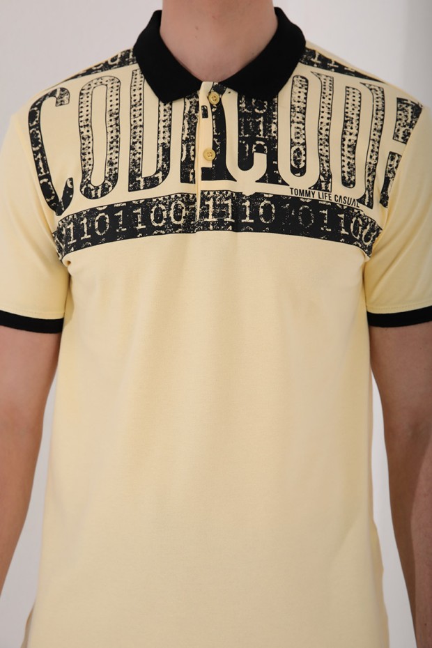 Sarı Eskitme Yazı Baskılı Standart Kalıp Polo Yaka Erkek T-Shirt - 87929