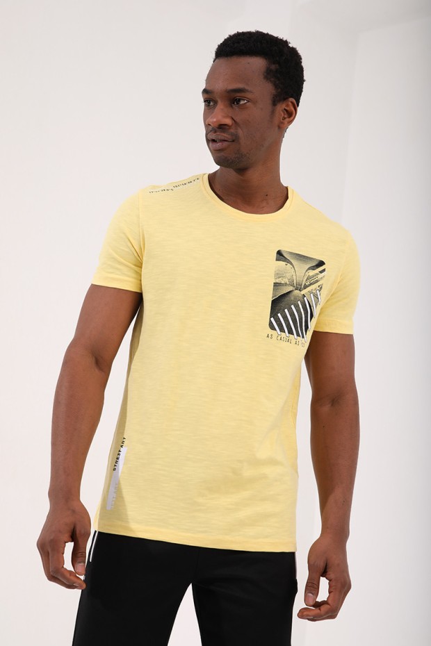 Sarı Göğüs Baskılı Koordinat Detaylı Standart Kalıp O Yaka Erkek T-Shirt - 87894