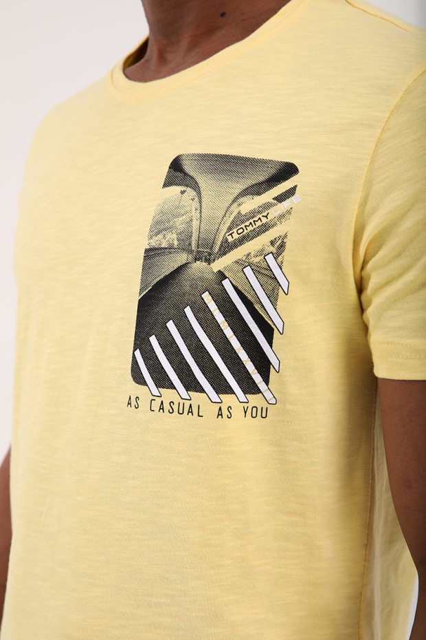 Sarı Göğüs Baskılı Koordinat Detaylı Standart Kalıp O Yaka Erkek T-Shirt - 87894