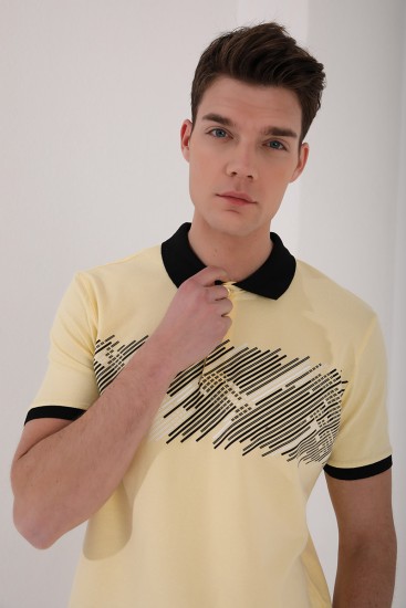 Sarı Sayı Detaylı Çizgi Baskılı Standart Kalıp Polo Yaka Erkek T-Shirt - 87955 - Thumbnail