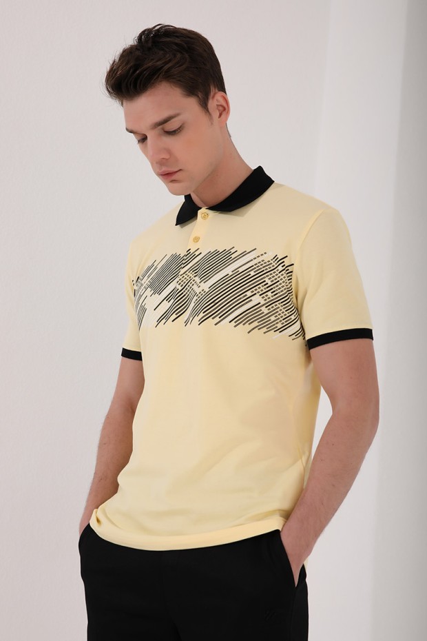 Sarı Sayı Detaylı Çizgi Baskılı Standart Kalıp Polo Yaka Erkek T-Shirt - 87955