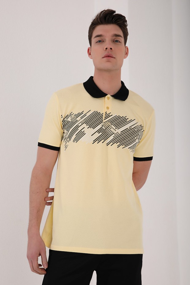 Sarı Sayı Detaylı Çizgi Baskılı Standart Kalıp Polo Yaka Erkek T-Shirt - 87955