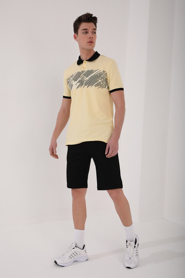 Sarı Sayı Detaylı Çizgi Baskılı Standart Kalıp Polo Yaka Erkek T-Shirt - 87955