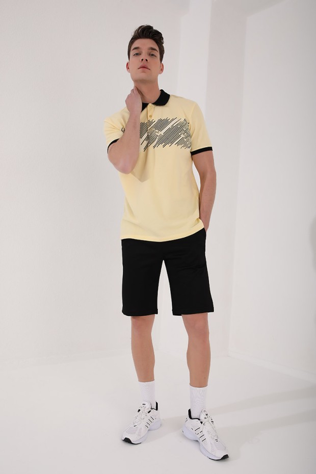 Sarı Sayı Detaylı Çizgi Baskılı Standart Kalıp Polo Yaka Erkek T-Shirt - 87955