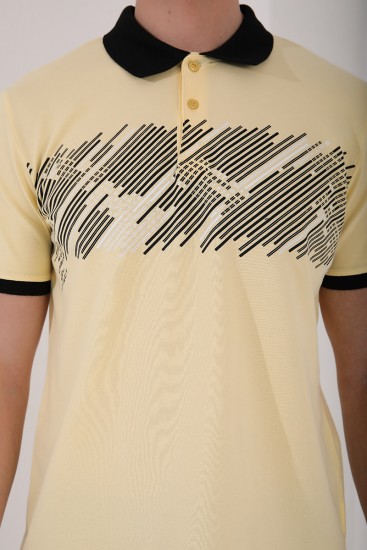 Sarı Sayı Detaylı Çizgi Baskılı Standart Kalıp Polo Yaka Erkek T-Shirt - 87955 - Thumbnail