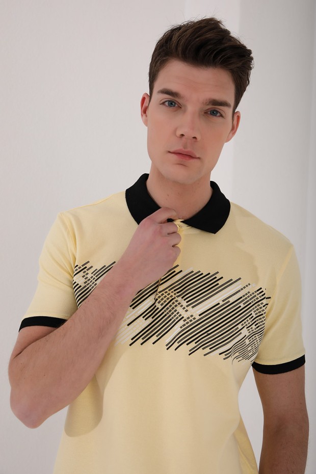 Sarı Sayı Detaylı Çizgi Baskılı Standart Kalıp Polo Yaka Erkek T-Shirt - 87955