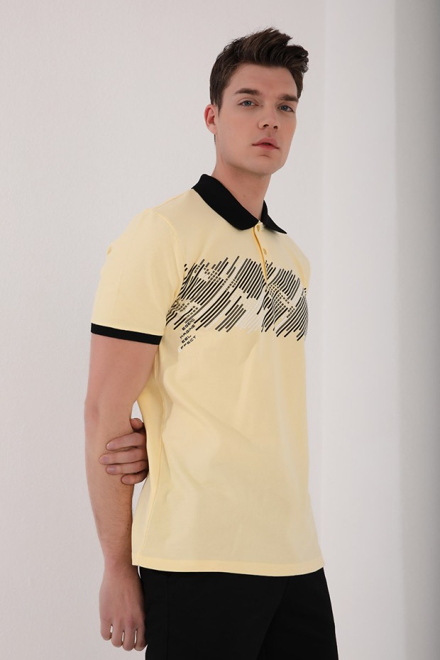 Sarı Sayı Detaylı Çizgi Baskılı Standart Kalıp Polo Yaka Erkek T-Shirt - 87955