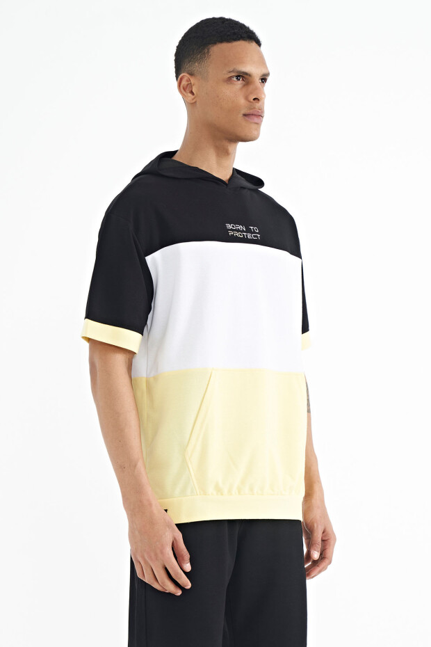 Sarı Kapüşonlu Baskı Detaylı Oversize Erkek T-shirt - 88191