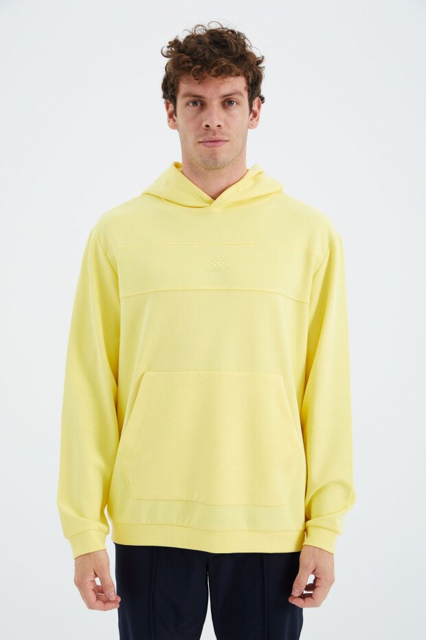 Sarı Kapüşonlu Ön Dikiş Detaylı Rahat Kalıp Erkek Sweatshirt - 88277