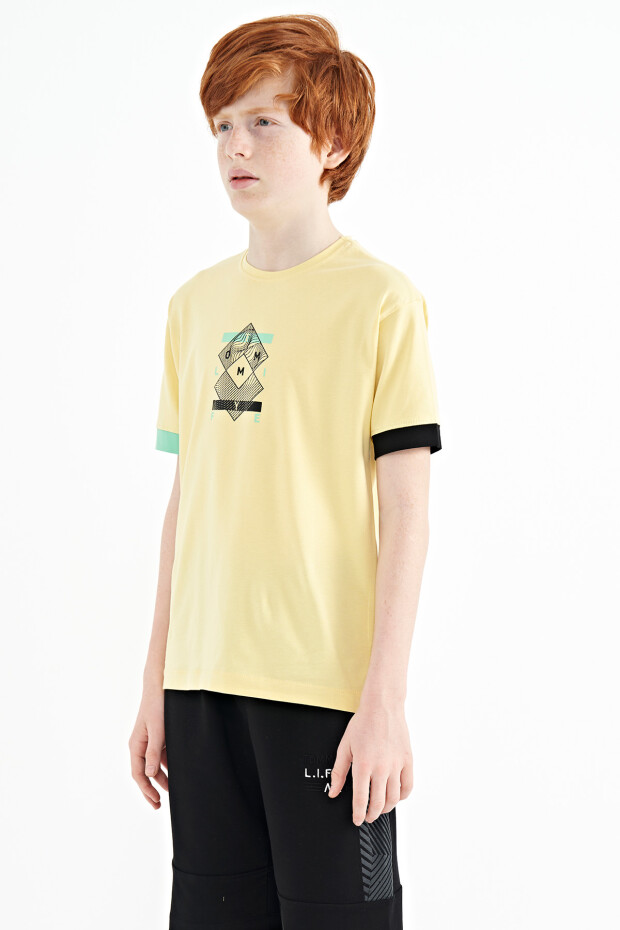 Sarı Kol Ucu Renkli Detaylı Baskılı Oversize Erkek Çocuk T-Shirt - 11137