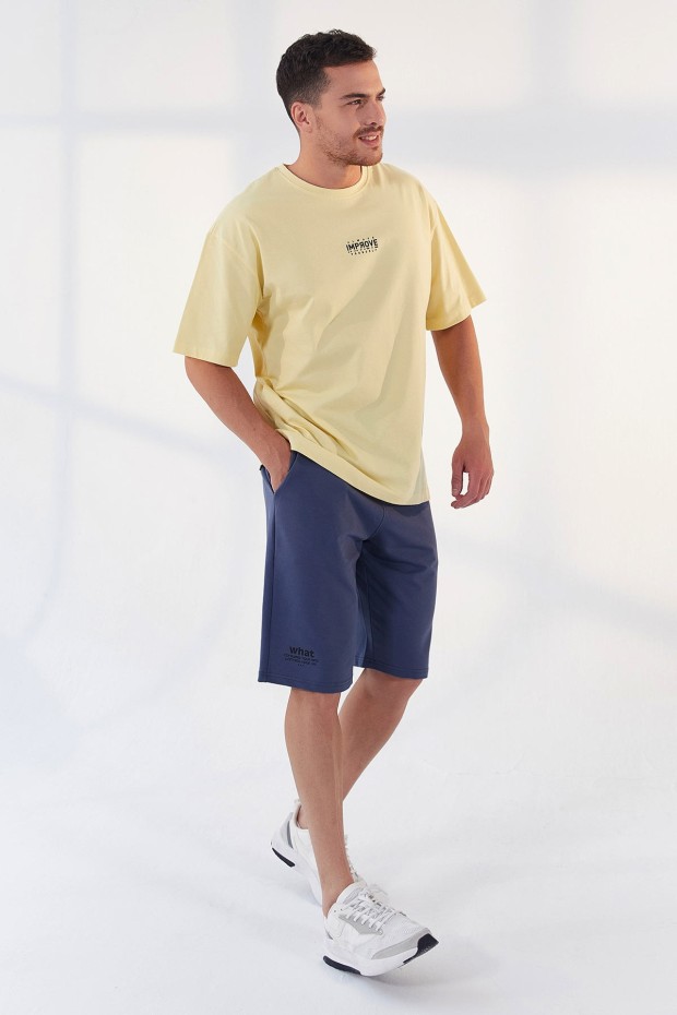 Sarı Küçük Yazı Baskılı O Yaka Erkek Oversize T-Shirt - 87985