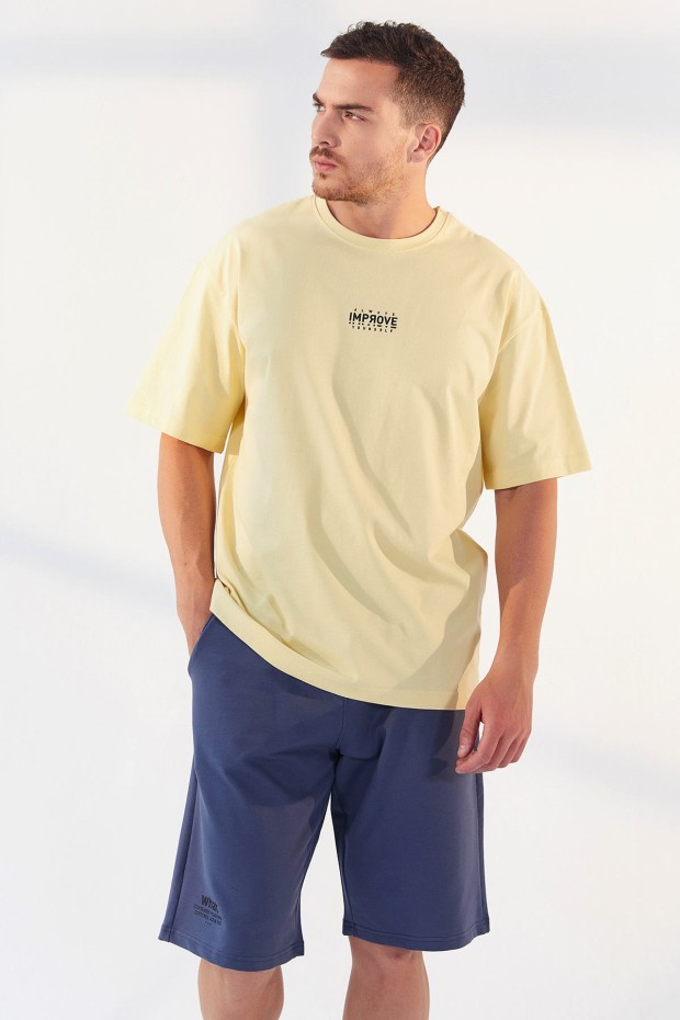 Sarı Küçük Yazı Baskılı O Yaka Erkek Oversize T-Shirt - 87985