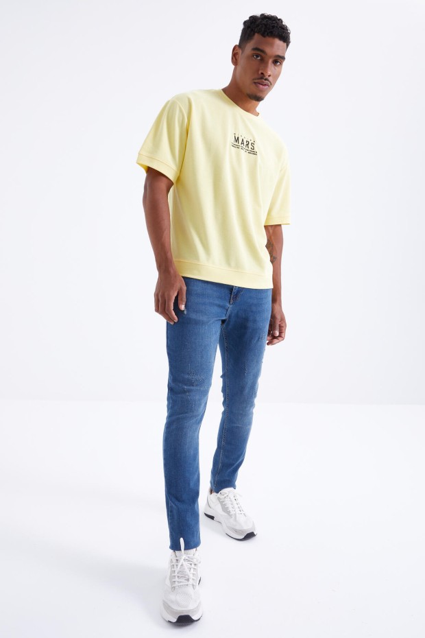 Sarı Mars Yazı Nakışlı O Yaka Erkek Oversize T-Shirt - 88104