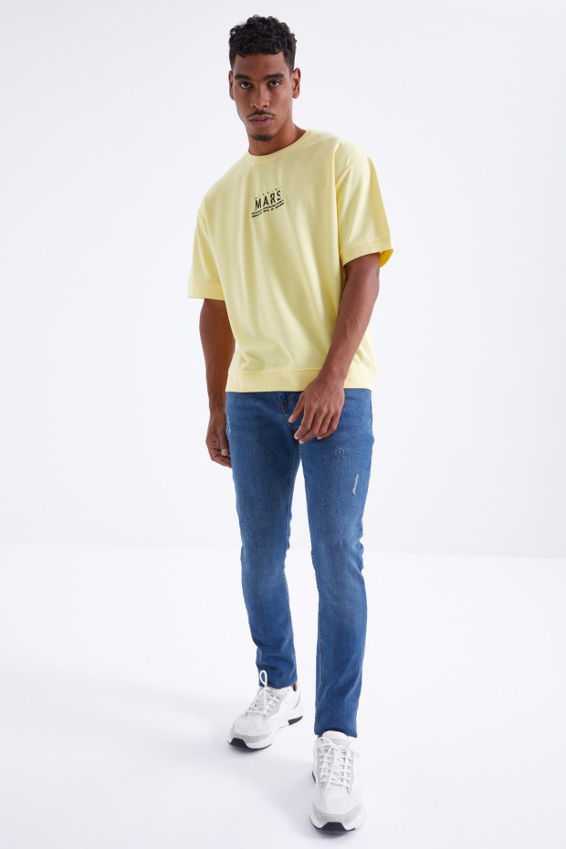 Sarı Mars Yazı Nakışlı O Yaka Erkek Oversize T-Shirt - 88104