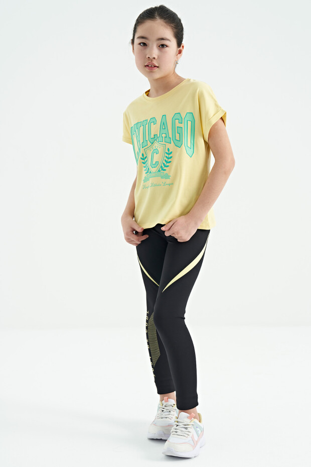 Sarı O Yaka Düşük Omuzlu Rahat Form Kısa Kollu Kız Çocuk T-Shirt - 75128