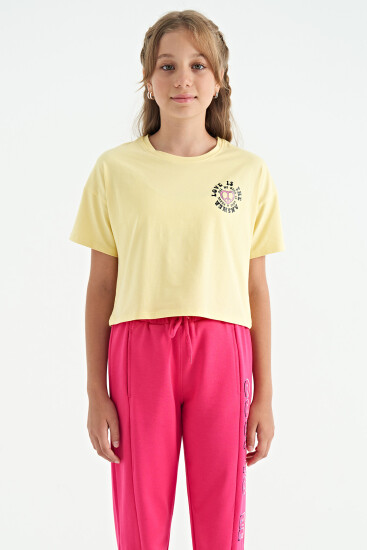 Sarı Ön Arka Baskılı O Yaka Düşük Omuz Oversize Kısa Kollu Kız Çocuk T-Shirt - 75126 