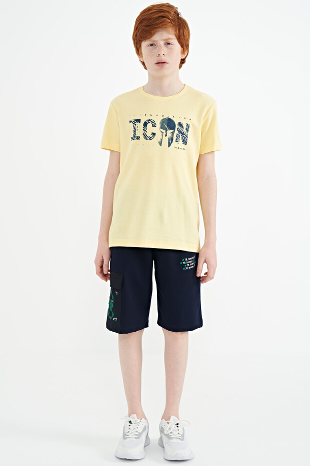 Sarı Ön Yazı Nakışlı O Yaka Standart Kalıp Erkek Çocuk T-Shirt - 11118 - 2