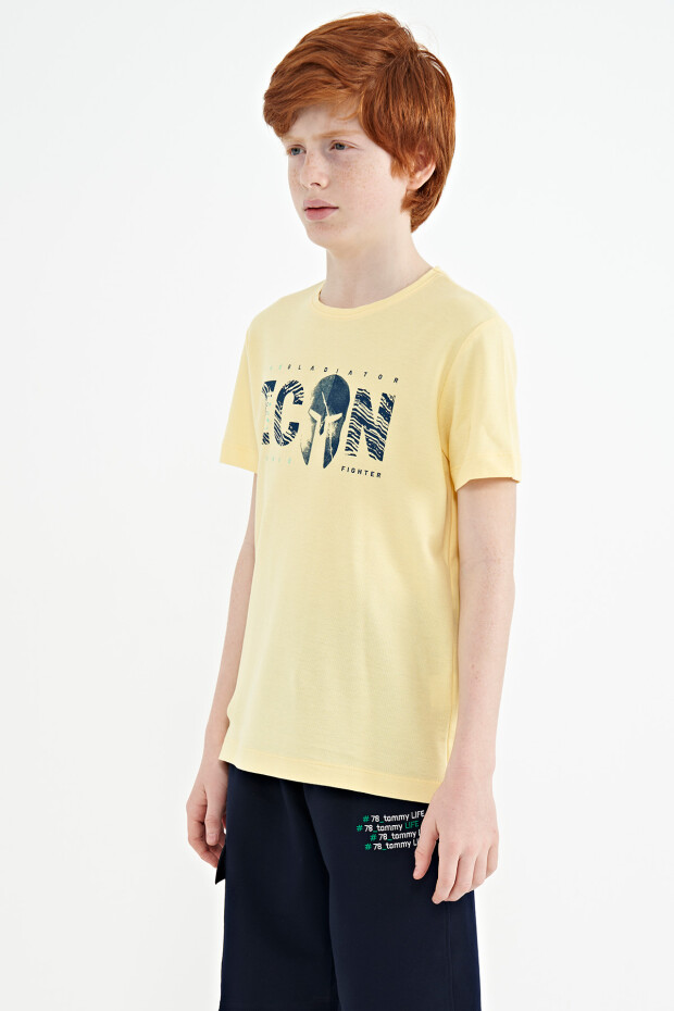 Sarı Ön Yazı Nakışlı O Yaka Standart Kalıp Erkek Çocuk T-Shirt - 11118 - 6