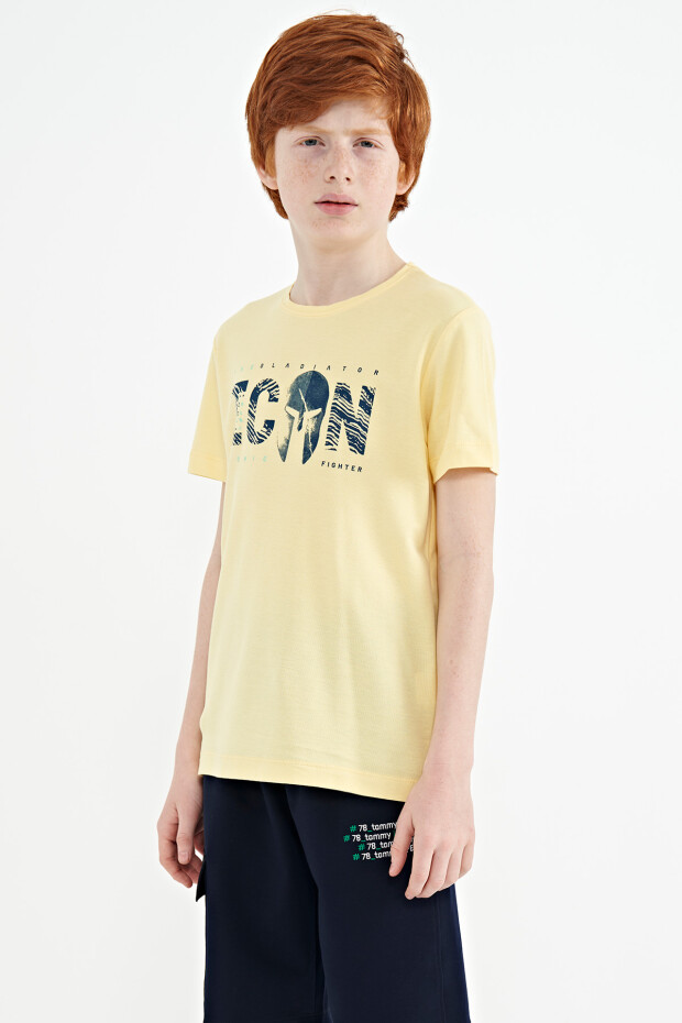 Sarı Ön Yazı Nakışlı O Yaka Standart Kalıp Erkek Çocuk T-Shirt - 11118 - 7